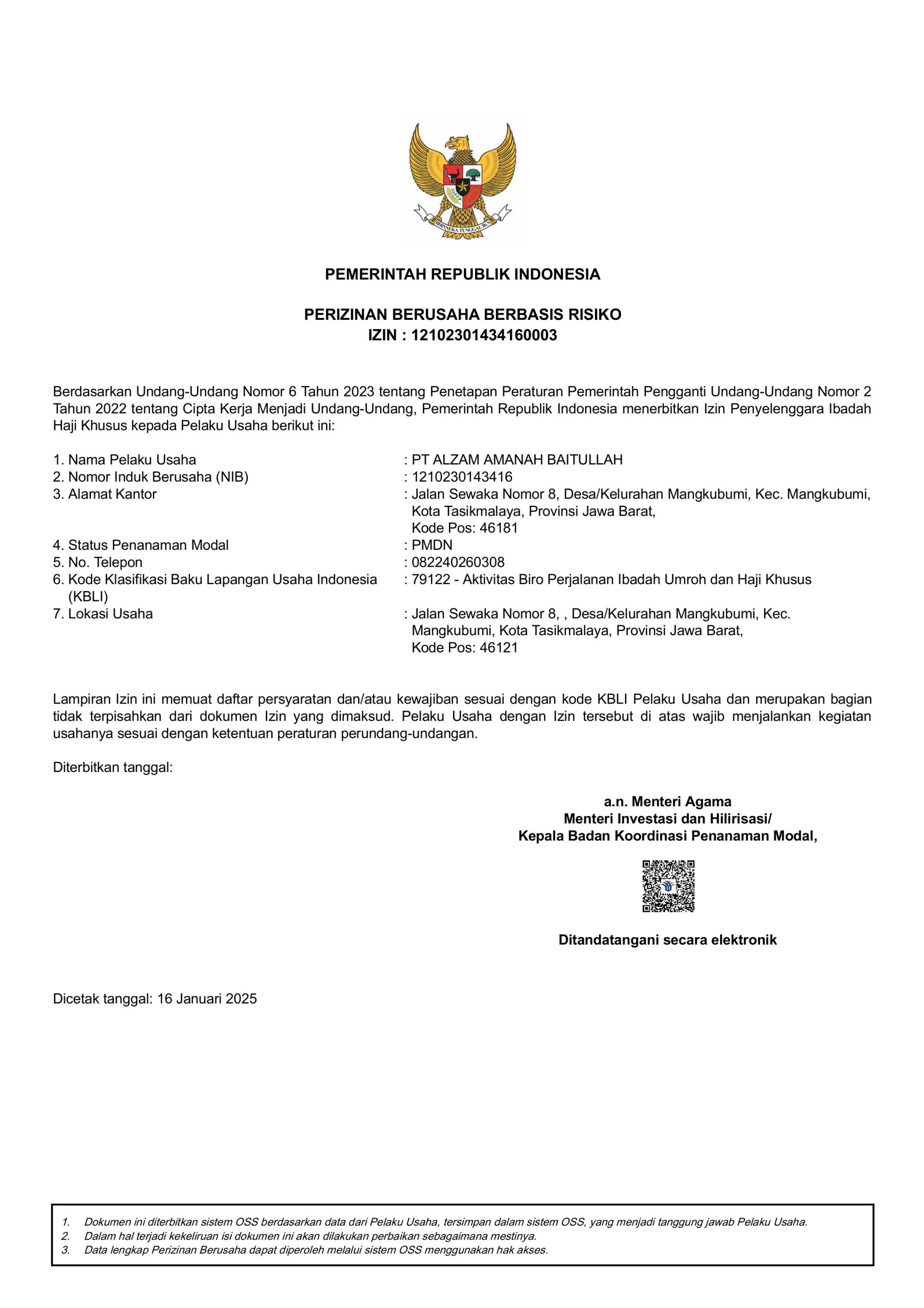 Izin Resmi PPIU PT Alzam Amanah Baitullah